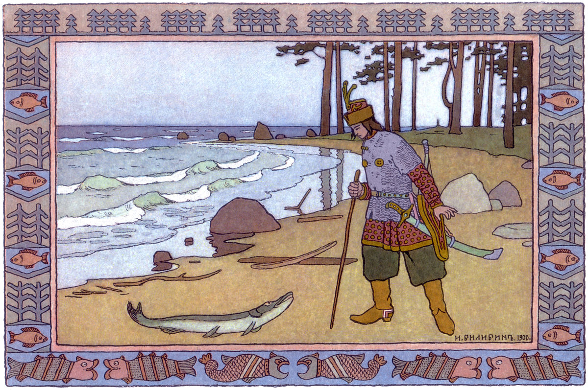 Illustration of a prince speaking with a pike on the beach, in art nouveau style