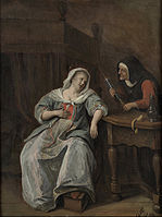 The Sick Woman label QS:Len,"The Sick Woman" label QS:Lpl,"Chora kobieta" label QS:Lnl,"Het zieke vrouwtje" ĉirkaŭ 1660-1670. oleofarbo sur lignotabulomedium QS:P186,Q296955;P186,Q106857709,P518,Q861259. 20,5 × 16,5 cm. Roterdamo, Muzeo Boijmans van Beuningen.