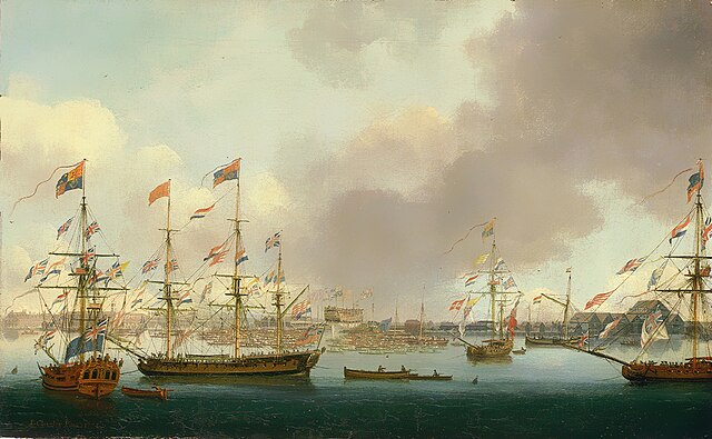 Launch of HMS Alexander at Deptford in 1778 (BHC1875), by John Cleveley the Younger (NMM) - HMS Alexander is the ship still on the slipway, centre bac