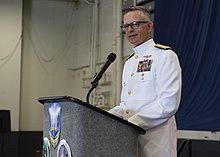 Dwyer provides remarks after assuming command of the United States Second Fleet on August 19, 2021. Joint Force Command Norfolk, U.S. 2nd Fleet Change of Command 210820-N-GN619-0558.jpg