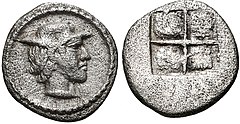 Coin of Alexander I, struck circa 460-450 BC. Young male head right, wearing petasos.