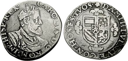 Silver florin of Emperor Charles V with the coat of arms of the House of Burgundy (Low Countries, etc.) c. 1553.