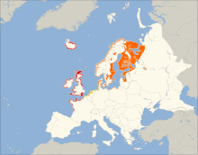 Aires de nidification des deux sous-espèces de goéland argenté argenteus zone de chevauchementargentatus (niche aussi au Spitzberg)