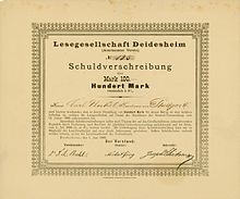 Schuldverschreibung über 100 Mark der Lesegesellschaft Deidesheim vom 1. Juni 1886