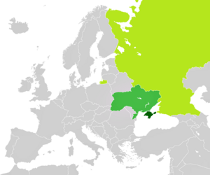 La Crimée (vert foncé), disputée entre l'Ukraine (vert moyen) et la Russie (vert clair).