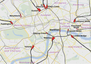 Map showing the thirteen major railway stations and termini of central London Major railway stations of London map.svg