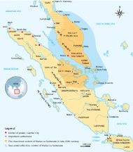 Map showing the extent of the Malacca Sultanate, covering much of the Malay Peninsula and some of Sumatra