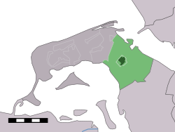 Das Stadtzentrum (dunkelgrün) und das statistische Viertel (hellgrün) von Stellendam in der ehemaligen Gemeinde Goedereede.