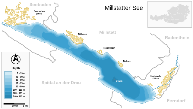 Милльштеттер-Зе (нем. Millstätter See) в Каринтии, в Австрии: схема озера с прилежащими городами