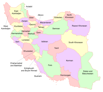 Map of Iran with 31 provinces