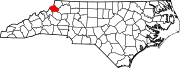 Harta statului North Carolina indicând comitatul Watauga
