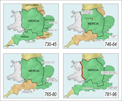 A series of maps illustrating the increasing hegemony of Mercia during the 8th century