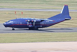 Meridian Air Cargo Antonov An-12BK UR-CIC at Birmingham Airport.jpg