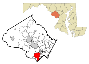 Montgomery County Maryland Incorporated and Unincorporated areas Bethesda Highlighted.svg