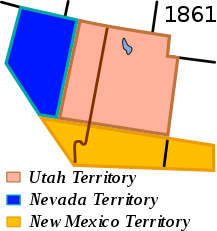 Территории Невада и Юта в 1861 году; линиями обозначены современные границы штатов