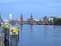 Oberbaumbrücke as seen in the evening from the East Side Gallery, Berlin-Friedrichshain.