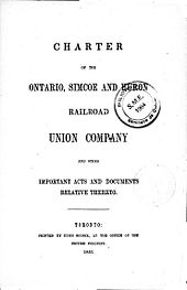 Cover of the Act of the Province of Canada chartering the Ontario, Simcoe and Huron Railroad Union Company, 1851 Ontario simcoe and huron railroad union company.jpg