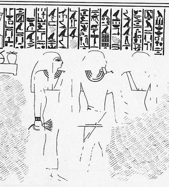 Netjernakht between his mother and his wife, from his tomb BH23 Painting Netjernakht Newberry.png