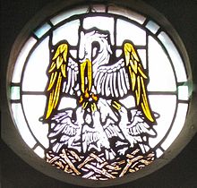 Depiction of a pelican with chicks on a stained glass window, Saint Mark's Church, Gillingham, Kent Pelican in its piety.jpg