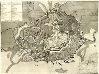 Planul cpt. François Perrette, versiunea din 1729. Nordul este în jos și este indicat exact de roza vânturilor.