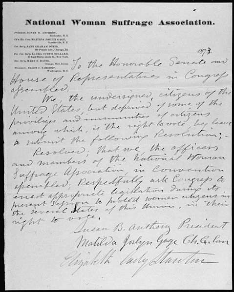 File:Petition to Congress from Susan B. Anthony, Matilda Joselyn Gage, and Elizabeth Cady Stanton of the National Woman... - NARA - 306687.jpg