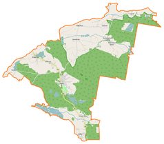 Mapa konturowa gminy Pokój, blisko dolnej krawiędzi znajduje się punkt z opisem „Ładza”