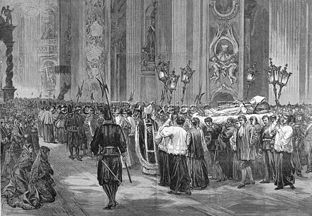 Illustration of the funeral of Pius IX at Saint Peter's Basilica