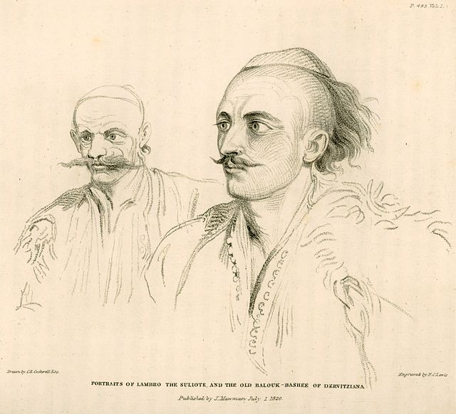 Portraits of Lambro the Suliote, and the old Balouk-Bashee of Dervitziana by Charles Robert Cockerell, published in 1820.