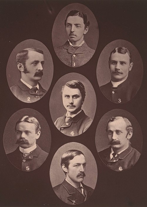 Portraits of the Cambridge Seven: 1. Charles Thomas Studd, 2. Dixon Edward Hoste, 3. William Wharton Cassels, 4. Stanley P. Smith, 5. Cecil H. Polhill