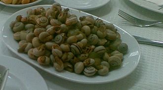 Portuguese caracois snack, species Theba pisana. Portuguese snails' snack.JPG