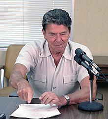 Reagan recording the August 11, 1984 address at Rancho del Cielo President Ronald Reagan during a radio address to the nation from Rancho del Cielo (cropped).jpg
