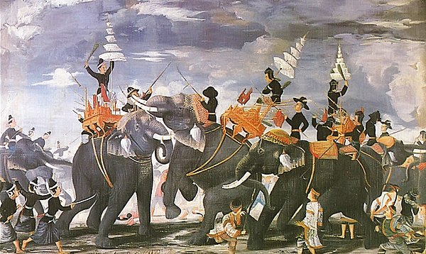 Painting by Prince Narisara Nuvadtivongs, depicting Queen Suriyothai (center) on her elephant putting herself between King Maha Chakkraphat (right) an