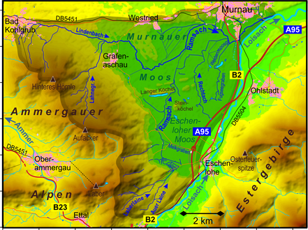 Ramsach catchment, die Ramsach mit Zuflüssen im Murnauer Moos südlich von Westried, Loisachtal bei Murnau