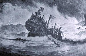 Revenge sinking near Terceira during a storm after surrender to the Spanish off Flores, according to an illustration from 1897 Revenge surrendered.jpg