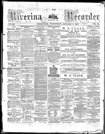 Front page of the Riverina Recorder on 5 January 1887. Riverina Recorder 5 January 1887.png