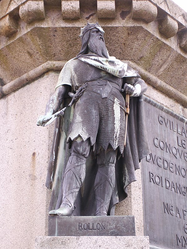 Statue of Rollo, founder of the fiefdom of Normandy, standing in Falaise, Calvados, birthplace of his descendant William the Conqueror, the Duke of No