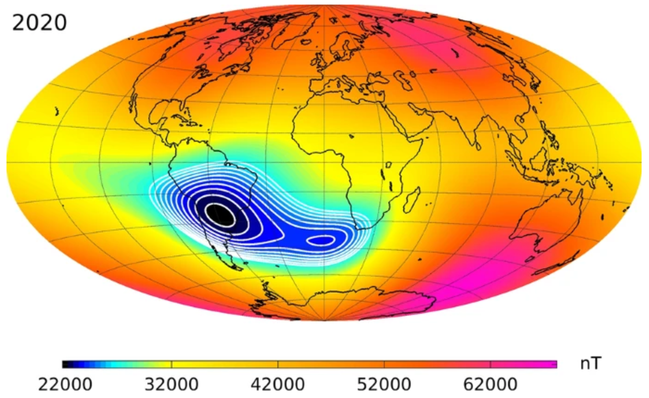 Южная аномалия. Южно атлантическая аномалия магнитного поля земли. Южно атлантическая магнитная аномалия. Магнитные аномалии. Магнитное поле земли.