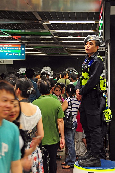 Member of Singapore's Public Transport Security Command keeping watch over train passengers.
