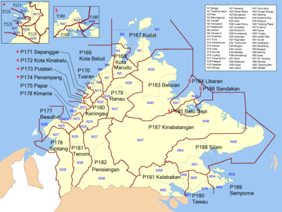 Map of Sabah electoral districts. Parliamentary districts are denoted by "P", while state assembly districts are denoted by "N". Sabah constituencies.PNG