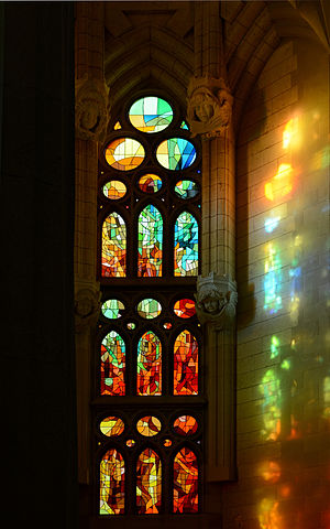 Lateral stained-glass window of the Sagrada Familia Cathedral in Barcelona, Spain