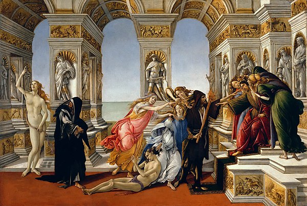 Sandro Botticelli, Calumny of Apelles (c. 1494–95), with 8 personification figures: (from left) Hope, Repentance, Perfidy, innocent victim, Calumny, F