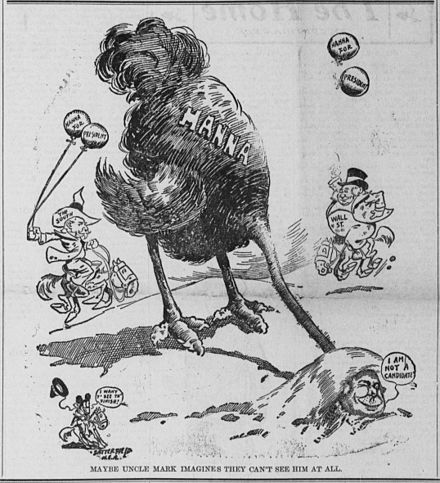 January 1904 political cartoon depicting Hanna hiding from presidential candidacy