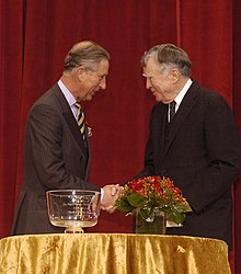 Charles III accepts the 2005 Scully Prize from Professor Vincent Scully at the National Building Museum. Scully 05 Prince Charles Prince Charles & Vincent Scully.jpg