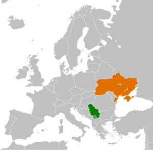 Mapa indicando localização {{{preposição1}}} Sérvia e {{{preposição2}}} Ucrânia.