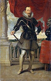 Sigismund digambarkan dalam kemenangan berpose dalam pakaian militer dan selang