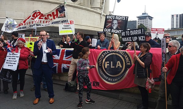 Libertarian politician Stephen Berry speaking at the Free Speech Coalition protest in defence of Southern and Molyneux, Auckland 2018