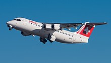 The Avro RJ100 was Swiss European Air Lines' primary aircraft until the start of its replacement in 2016 Swiss British Aerospace Avro 146-RJ100 HB-IXS MUC 2015 01 crop.jpg