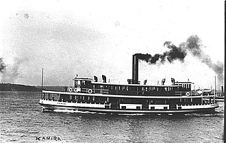 Kamiri, shown in the year of her launch (1912), took Kaludah's refurbished engines and dynamo. Some reports say Kamiri also took Kaludah's remaining timbers, while others say Kamiri was built on the remains of Kaludah's hull Sydney Ferry KAMIRI leaving Circular Quay 1912.jpg