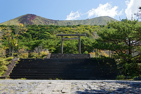 A torii gate at the Takachiho-gawara shrine near Kirishima, Kagoshima Prefecture, which is associated with the mythological tale of Ninigi-no-Mikoto's