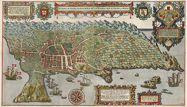 Terceira in 1595 by Jan Huyghen van Linschoten, "A cidade de Angra na ilha de Iesu xpō da Tercera que esta em 39. graos"